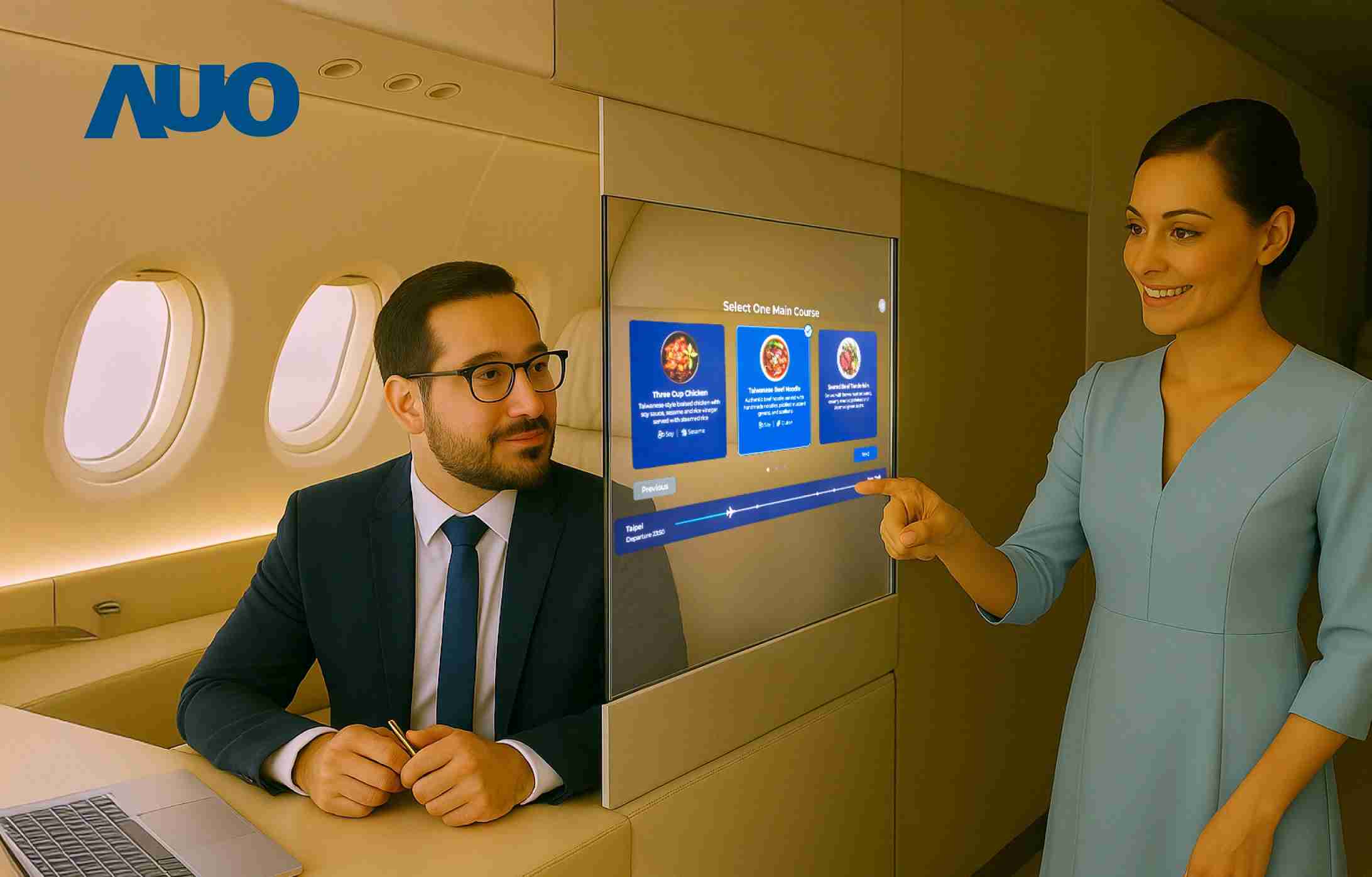 918.COM研发全球最薄17.3 吋双面透明 Micro LED 显示器，，可在同一屏幕之双边投射不同信息，，创造独特的”透明化”互动；图为实时翻译交流应用情境